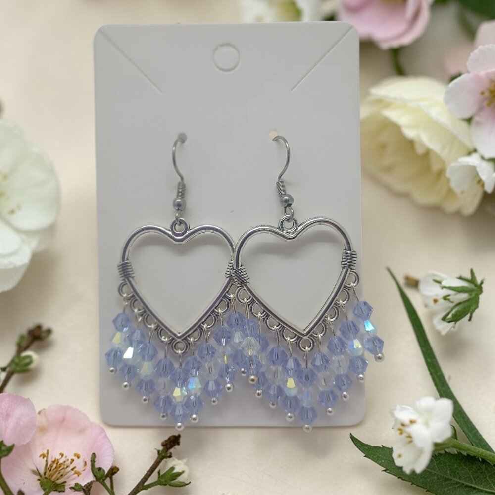 Sparkling Lavender Crystal Fringe Romantic Heart Dangle Earrings